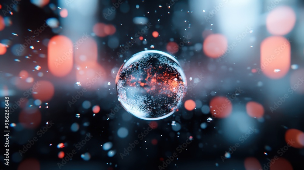 The abstract image features a bubble suspended against a dark background, with particles of light creating a dynamic, mysterious, and futuristic atmosphere. The abstract image features a bubble suspended against a dark background, with particles of light creating a dynamic, mysterious, and futuristic atmosphere.