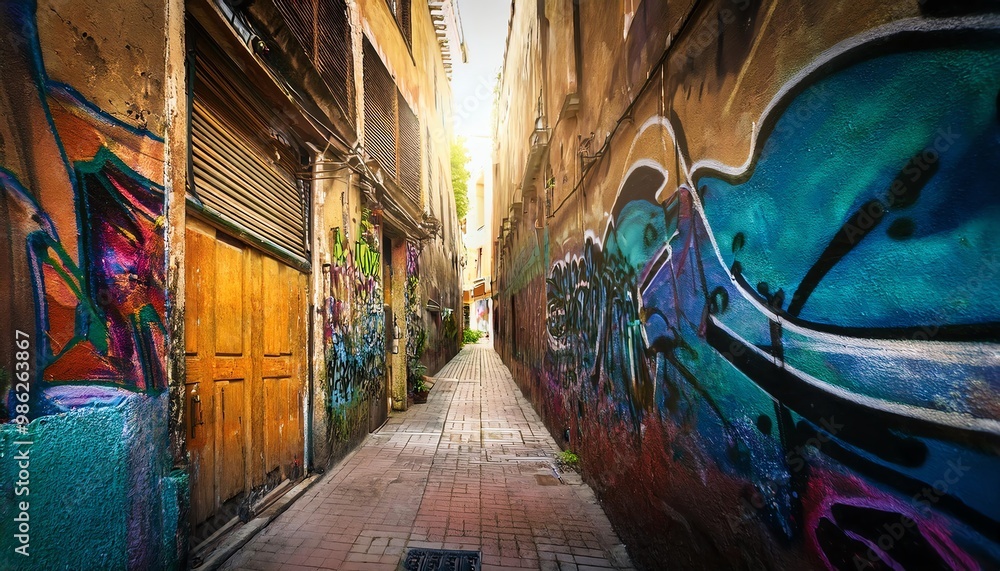 Obraz premium A vibrant alleyway adorned with colorful graffiti, leading into a sunlit area, showcasing urban art and an inviting atmosphere.