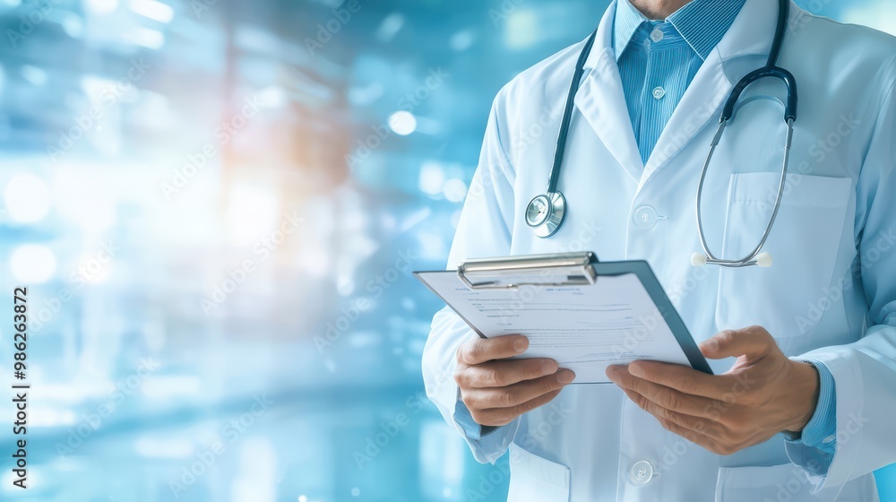 A healthcare professional holding a clipboard in a bright, modern medical environment. A healthcare professional holding a clipboard in a bright, modern medical environment.