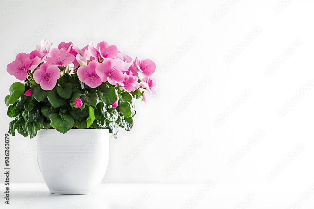Pink Flowers in White Pot Against a White Background Pink Flowers in White Pot Against a White Background