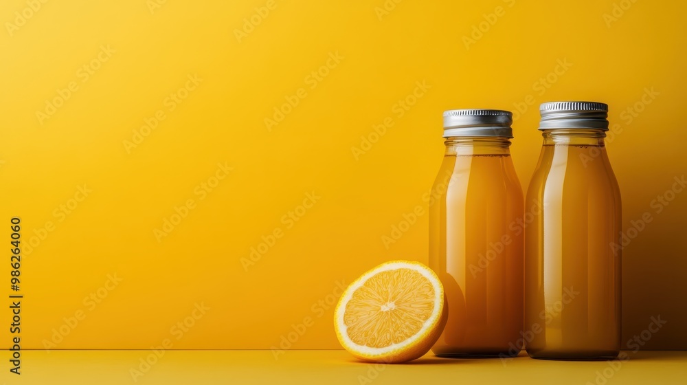 Two juice bottles with silver caps placed next to a fresh lemon slice on an orange background, exuding freshness and zestful presentation for a beverage advertisement. Two juice bottles with silver caps placed next to a fresh lemon slice on an orange background, exuding freshness and zestful presentation for a beverage advertisement.