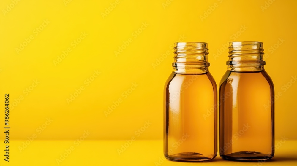 Two empty transparent glass bottles without caps on a bright yellow background, offering a clean and minimalist look suitable for various product display purposes. Two empty transparent glass bottles without caps on a bright yellow background, offering a clean and minimalist look suitable for various product display purposes.