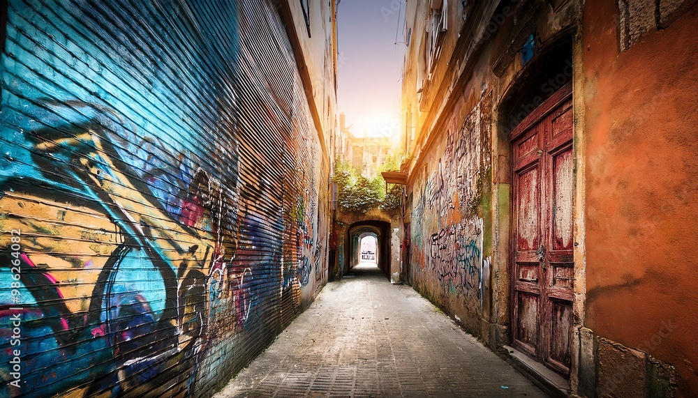 Fototapeta premium A vibrant alleyway adorned with colorful graffiti, leading towards a sunlit opening, surrounded by urban textures and shades.