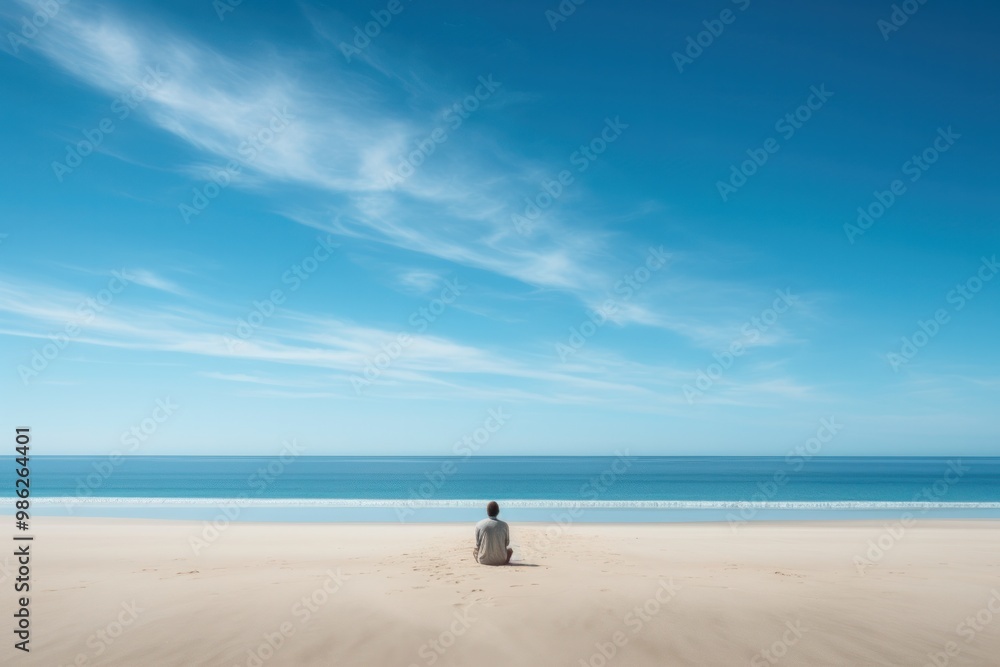 A lone traveler sitting cross-legged on a deserted sandy beach with a minimalist, clear blue sky above and no other people or objects around A lone traveler sitting cross-legged on a deserted sandy beach with a minimalist, clear blue sky above and no other people or objects around