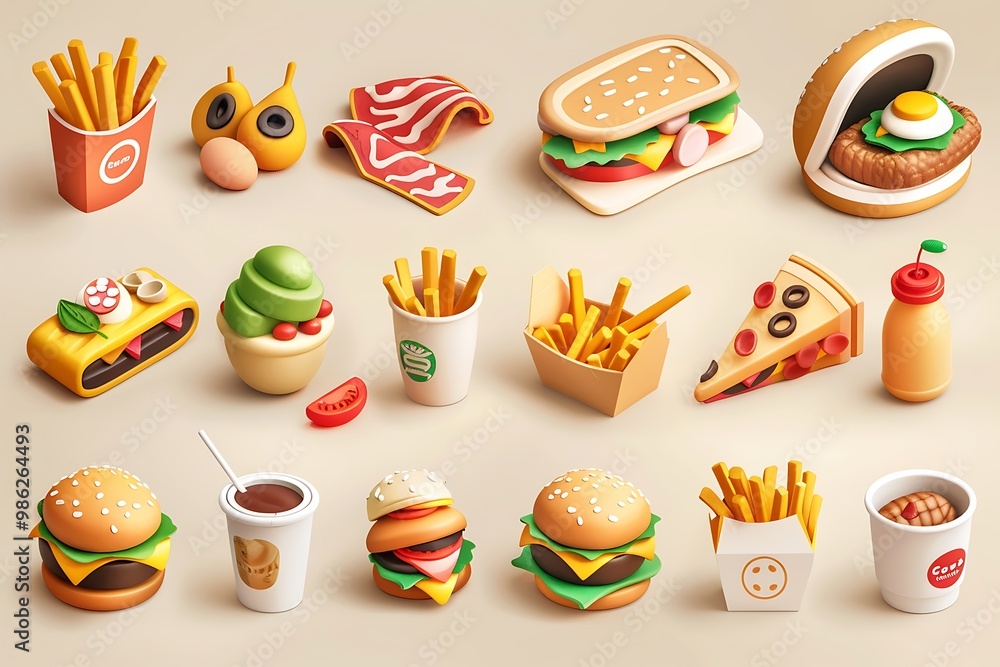 Fast food icons set with hamburger and french fries Fast food icons set with hamburger and french fries