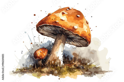 cute watercolor hand drawn mushrooms, colorful aquarelle vector paintings forest poisonous mushroom fly agaric in the grass. vector watercolor vector and illustration  .
