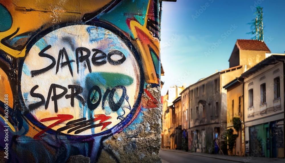 Obraz premium Vibrant street art contrasts with a quaint urban street, showcasing a blend of colorful graffiti and charming architecture against a clear blue sky.