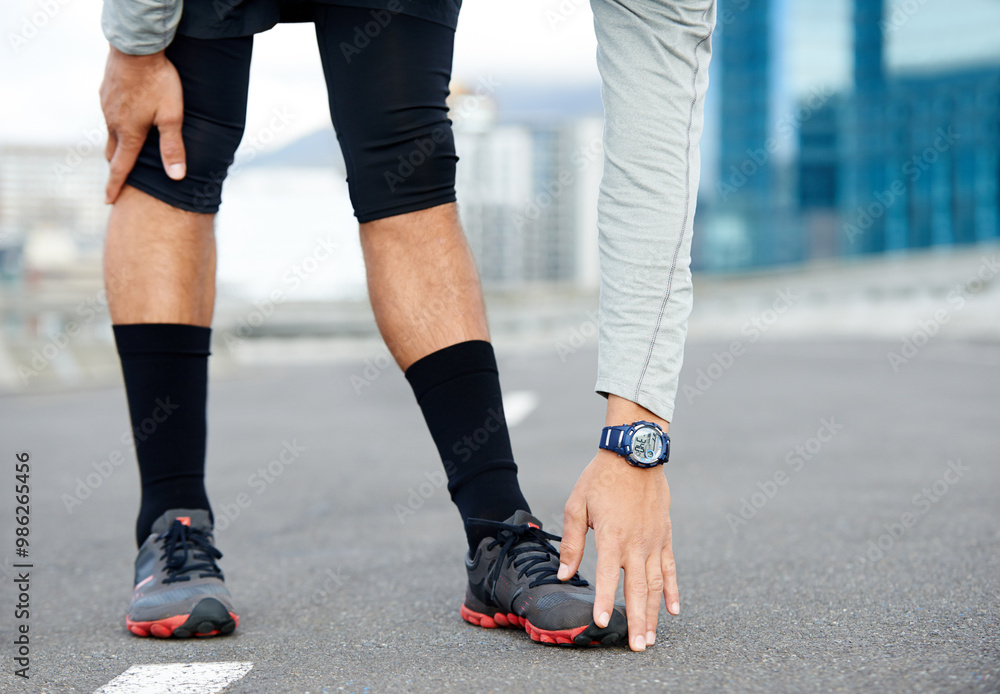 Man, legs and stretching for fitness on road, bridge challenge and morning for cardio workout. Male person, warm up and urban town for muscle relief, outdoor street and athlete for start of training