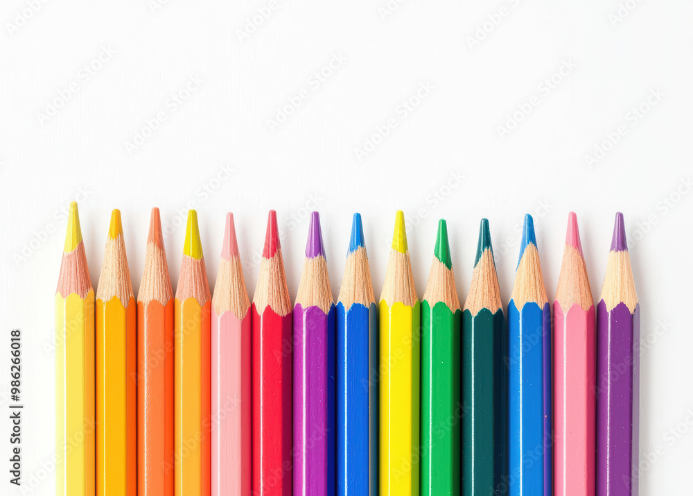Colorful pencils arranged in a row on a white isolated background. Colorful pencils arranged in a row on a white isolated background.