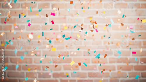 Bright confetti falling against a brick wall background, urban and modern, perfect for streetwear or festival marketing materials, detailed textures