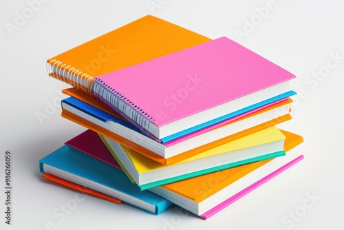 Colorful stack of notebooks on a white background, perfect for school or office use.