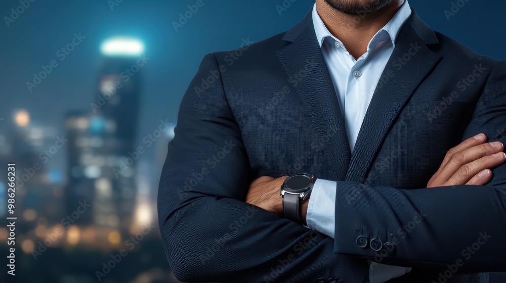 Confident businessman in a suit against a blurred cityscape background.