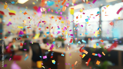 Multicolored confetti raining down in front of a blurred office workspace, subtle depth of field, conveying a corporate celebration or product launch, professional tone photo