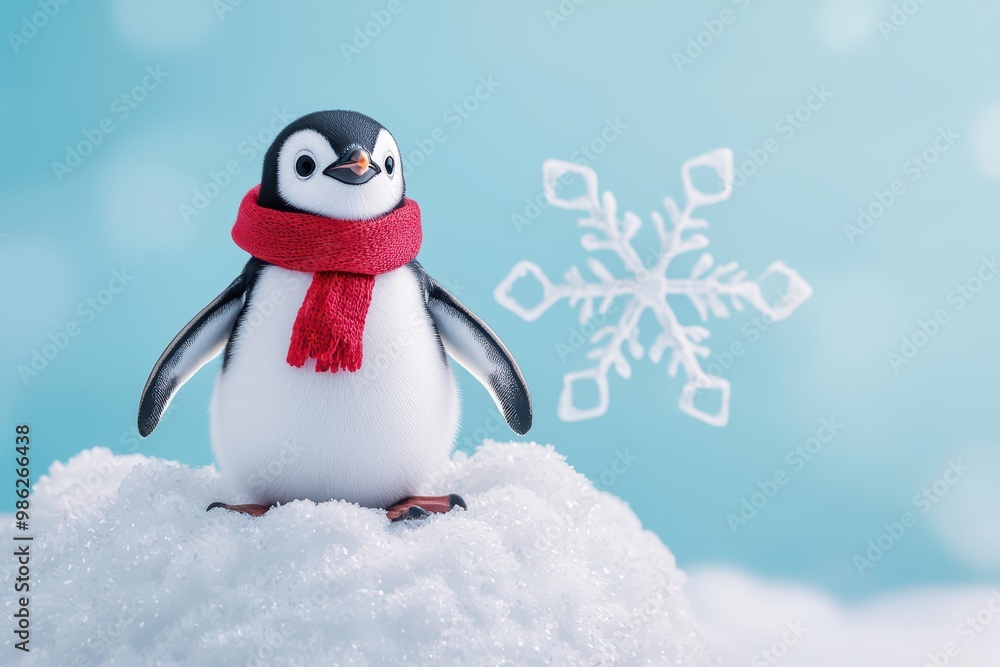 Cute penguin wearing a red scarf, standing on snow with a snowflake in the background, winter season delight. Cute penguin wearing a red scarf, standing on snow with a snowflake in the background, winter season delight.