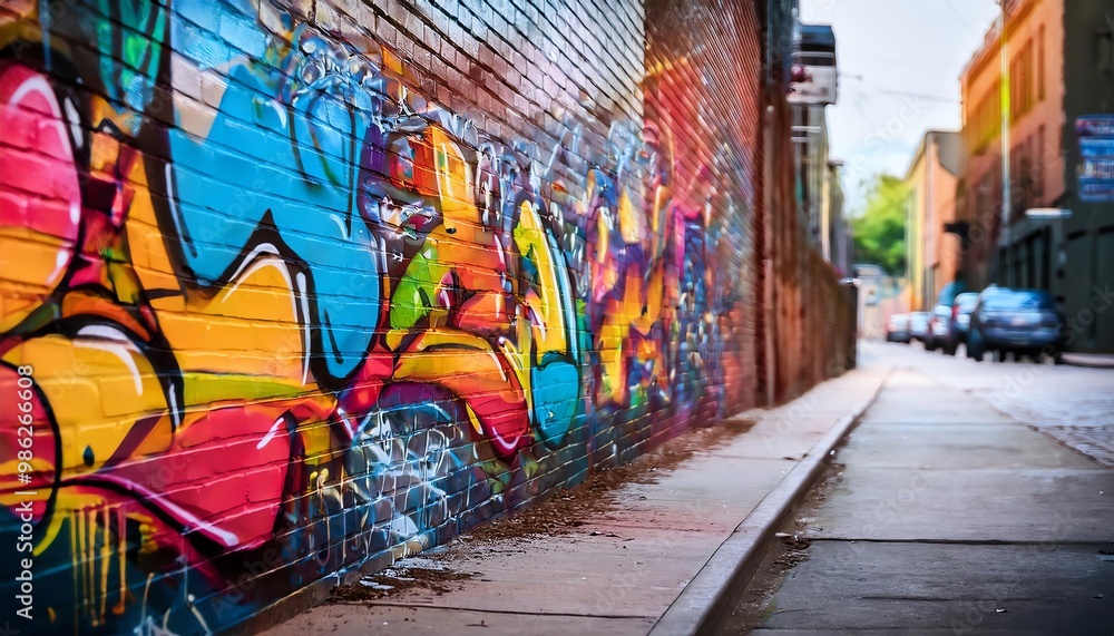 A vibrant graffiti mural adorns a brick wall along a narrow urban alleyway, showcasing colorful art and a glimpse of a quiet street. A vibrant graffiti mural adorns a brick wall along a narrow urban alleyway, showcasing colorful art and a glimpse of a quiet street.