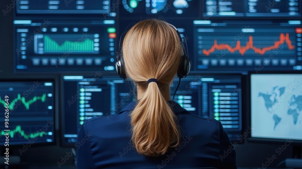 Woman using futuristic portfolio management interface, investment concept, performance review Woman using futuristic portfolio management interface, investment concept, performance review