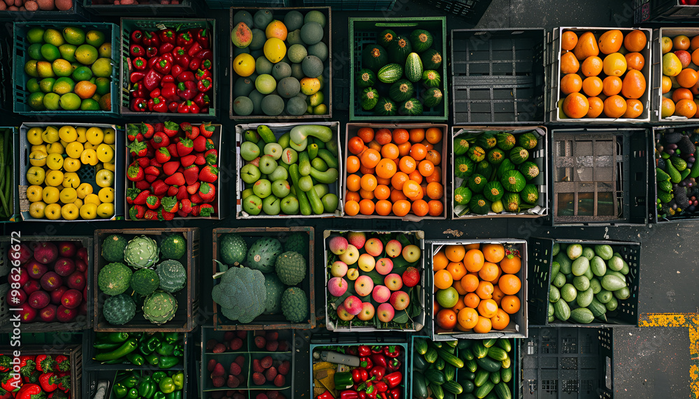 Aerial view of crates filled with various fruits and vegetables, symbolizing organized logistics and distribution in the fresh produce industry Aerial view of crates filled with various fruits and vegetables, symbolizing organized logistics and distribution in the fresh produce industry