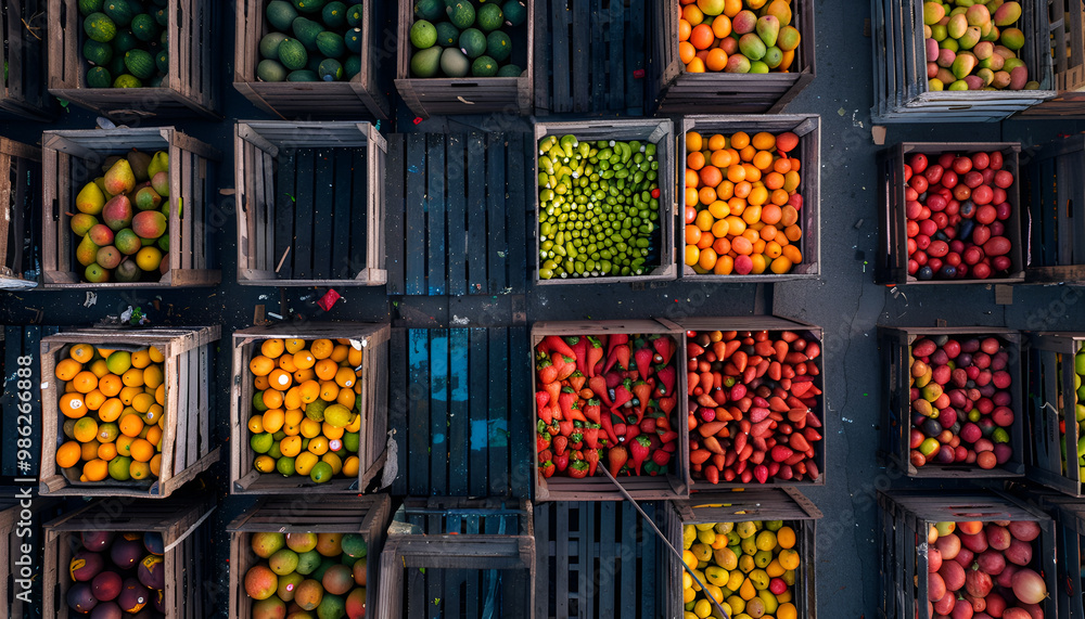 custom made wallpaper toronto digitalAerial view of crates filled with various fruits and vegetables, symbolizing organized logistics and distribution in the fresh produce industry