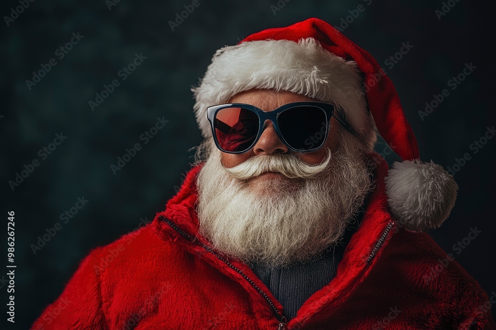 Santa Claus in a red jacket and sunglasses on a dark background. Christmas background. with generative ai Santa Claus in a red jacket and sunglasses on a dark background. Christmas background. with generative ai