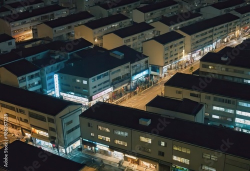 Aerial view of a city at night with a hotel sign