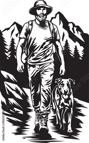 a man and a dog in a dark forest.