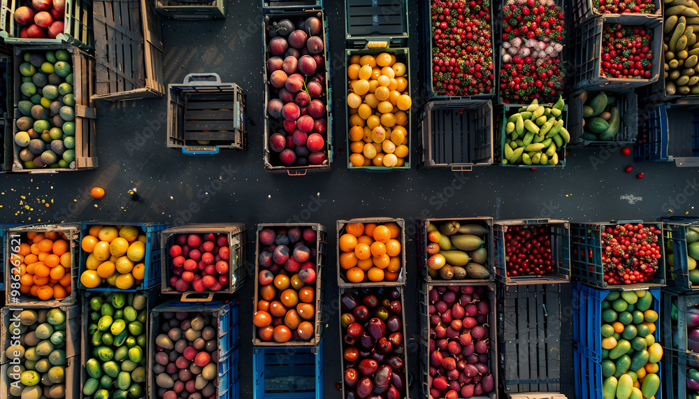 custom made wallpaper toronto digitalAerial view of crates filled with various fruits and vegetables, symbolizing organized logistics and distribution in the fresh produce industry