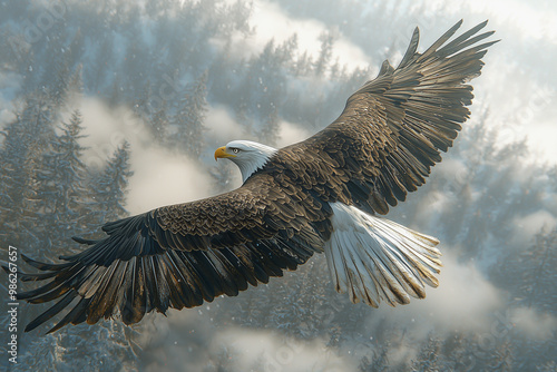 Majestic bald eagle soaring over misty forest with outstretched wings

 photo