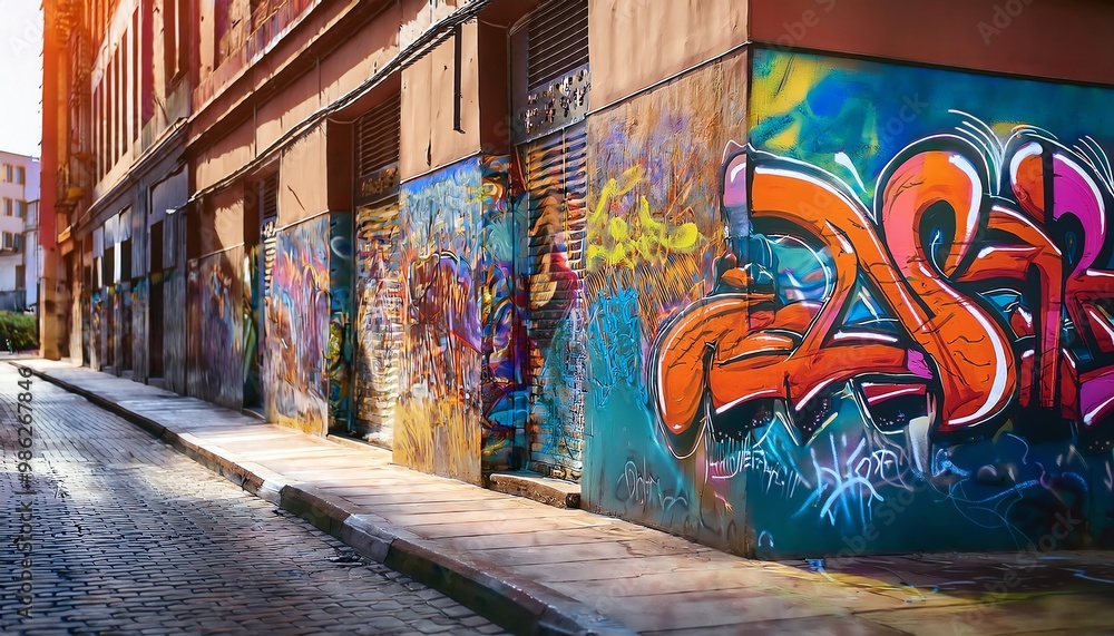 Obraz premium A vibrant alleyway with colorful graffiti on the walls, capturing the essence of urban art and creativity.