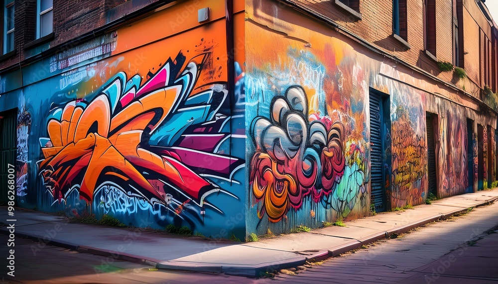 Fototapeta premium A vibrant street corner featuring colorful graffiti art, showcasing bold designs and creative expressions on the walls of a city alley.