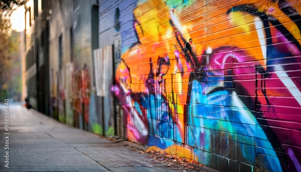 A vibrant mural adds color to an urban alley, showcasing dynamic graffiti art that reflects creativity and street culture. A vibrant mural adds color to an urban alley, showcasing dynamic graffiti art that reflects creativity and street culture.