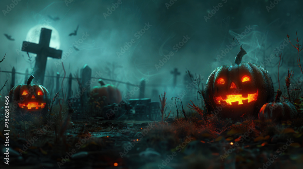 Fototapeta premium Scary orange pumpkins on a dark Halloween background in a Graveyard. Spooky night with fog. Place for text.