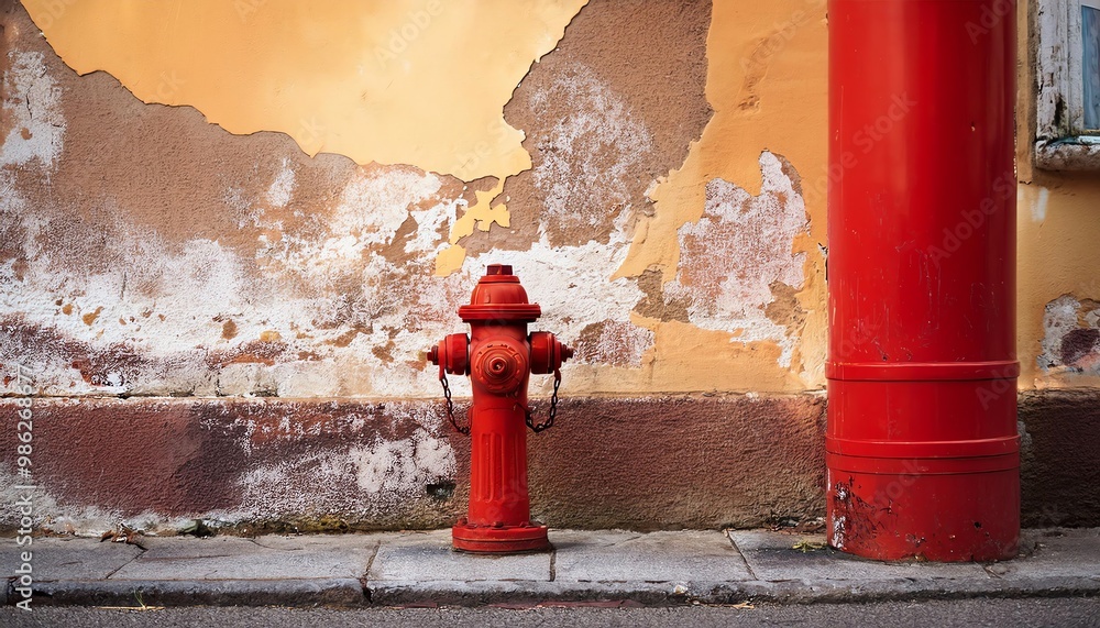 A vibrant red fire hydrant stands against a peeling, textured yellow wall, showcasing urban decay and bold colors. A vibrant red fire hydrant stands against a peeling, textured yellow wall, showcasing urban decay and bold colors.