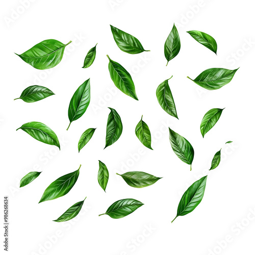 Vibrant green leaves scattered and arranged in a random pattern, on a transparent background isolated png.