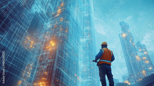 A worker in safety helmet and vest stands on futuristic skyscraper, observing intricate blueprints and glowing structures around him. scene conveys sense of innovation and progress in urban developmen photo