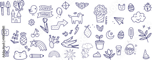 cute hand drawn doodle vector set, love, Natural , firework, cloud, weather, rainbow, snow, heart and creative design vector 