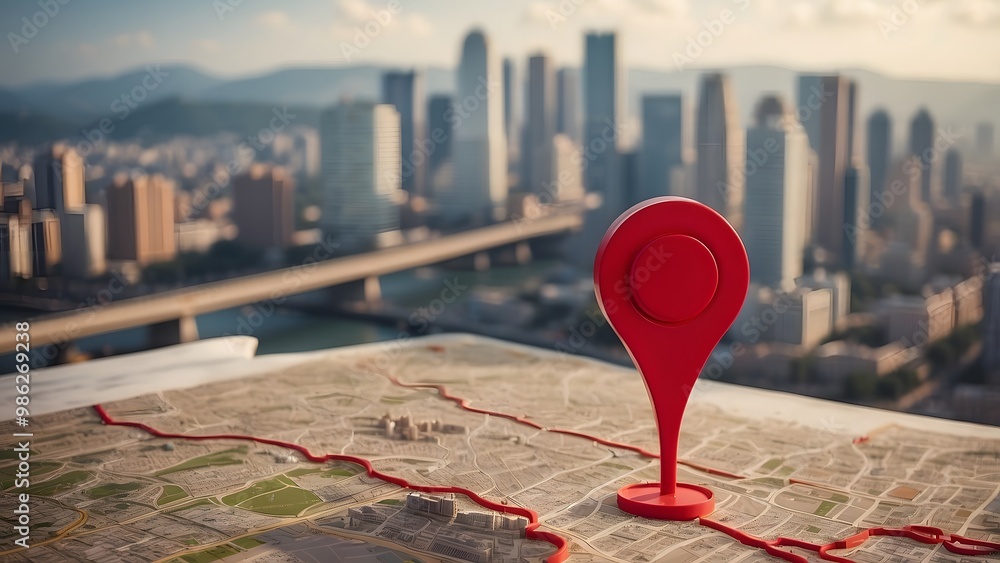 Red Location Marker Placed on a Detailed City Map With Skyline in the ...
