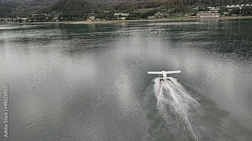 A float plane takes off near Juneau, Alaska. With sound.