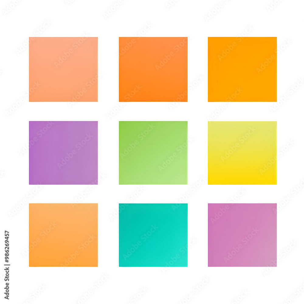 Nine colorful gradient squares arranged in a grid with a drop shadow effect, isolated on a transparent background Nine colorful gradient squares arranged in a grid with a drop shadow effect, isolated on a transparent background