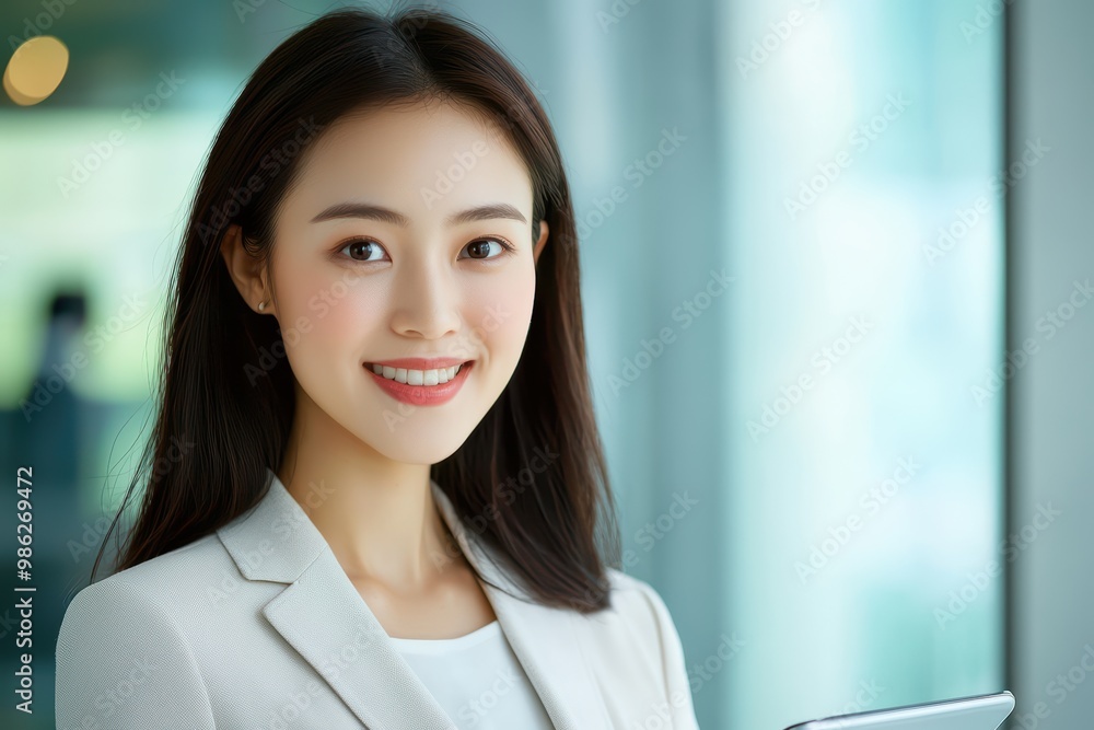 Fototapeta premium Smiling professional woman holding a tablet, dressed in business attire, standing near a large window.