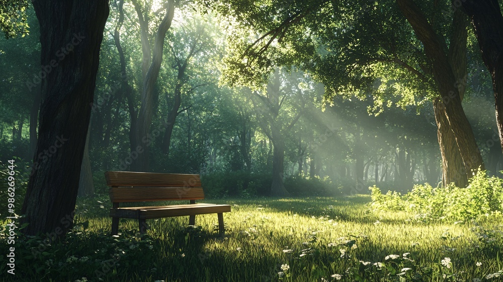 Sunlight Through Trees in a Green Forest with a Bench Sunlight Through Trees in a Green Forest with a Bench
