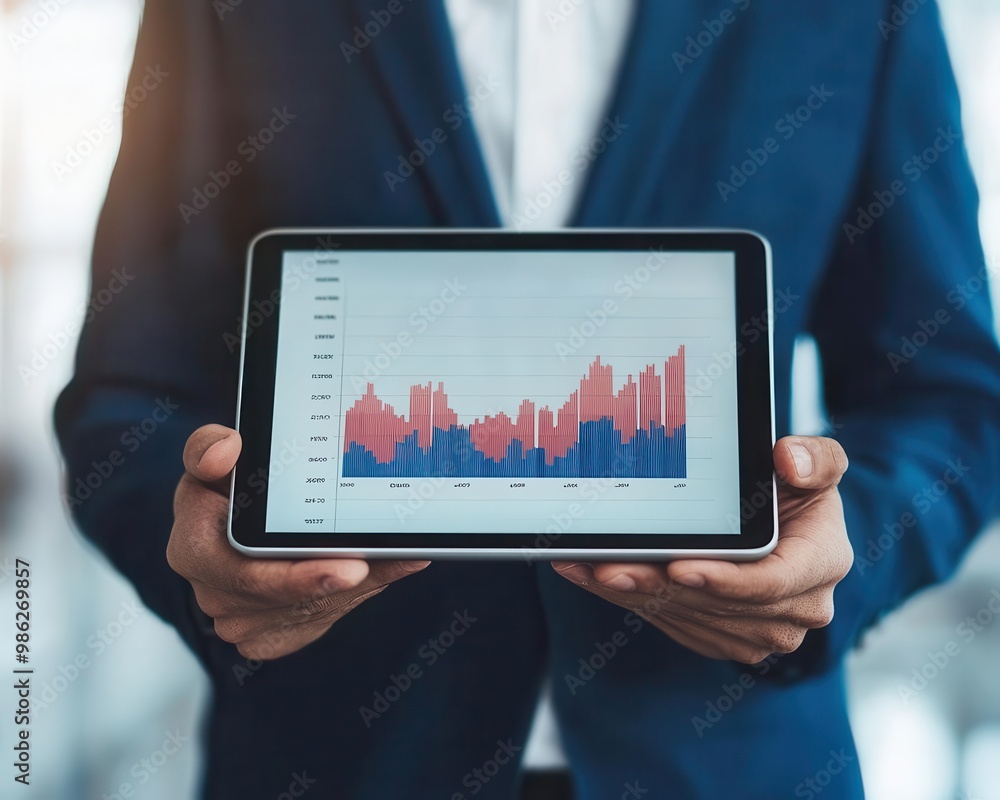 Businessman holding tablet with portfolio review charts, investment analysis, performance tracking Businessman holding tablet with portfolio review charts, investment analysis, performance tracking