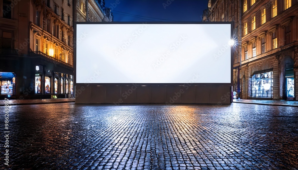 A large blank billboard stands in a quiet cobblestone street at night, illuminated by city lights and surrounded by historic buildings. A large blank billboard stands in a quiet cobblestone street at night, illuminated by city lights and surrounded by historic buildings.