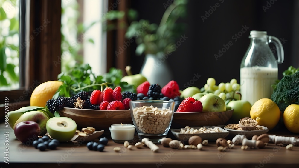 Fresh Fruits and Nuts Arranged on a Wooden Table Near a Window With Natural Light in a Cozy Kitchen Setting