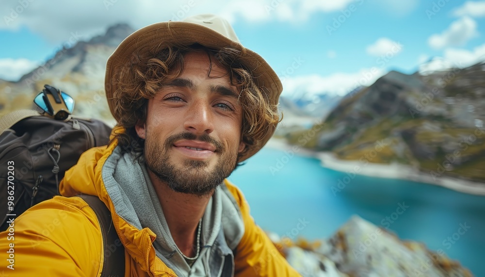 handsome man traveler with backpack takes selfie on mountains, hiker handsome man traveler with backpack takes selfie on mountains, hiker