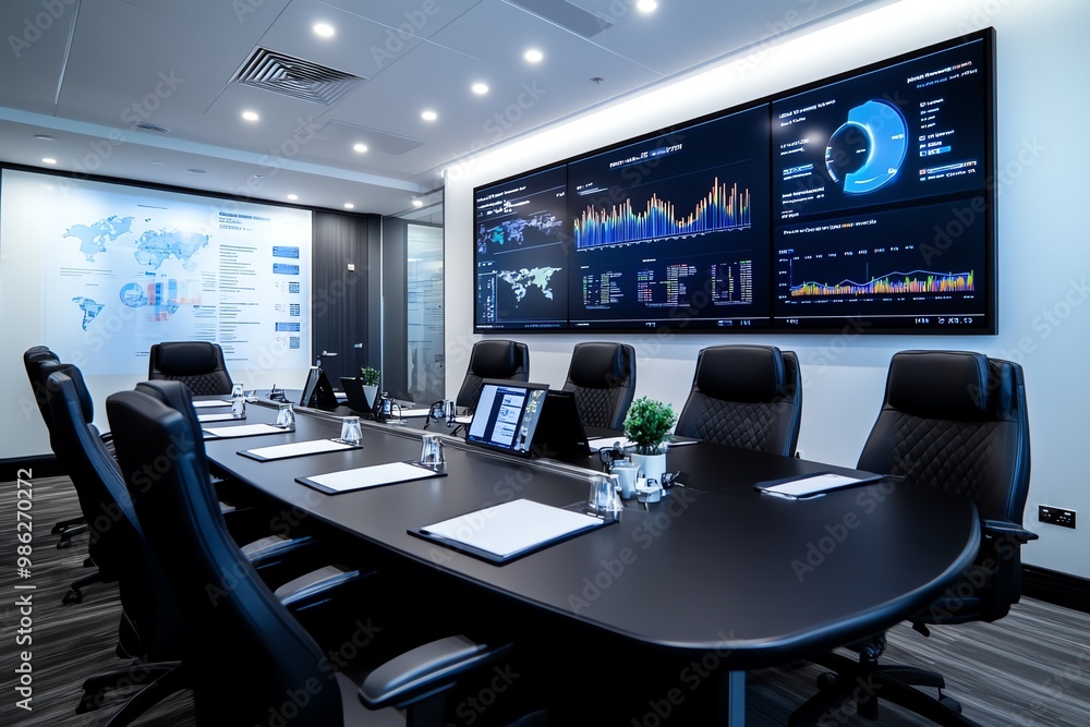 A meeting room with charts and graphs on the wall, illustrating capacity management strategies for the company A meeting room with charts and graphs on the wall, illustrating capacity management strategies for the company