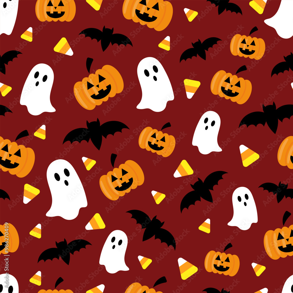 Naklejka premium Vector seamless Halloween pattern with pumpkins, bats, ghosts and candies on a dark background