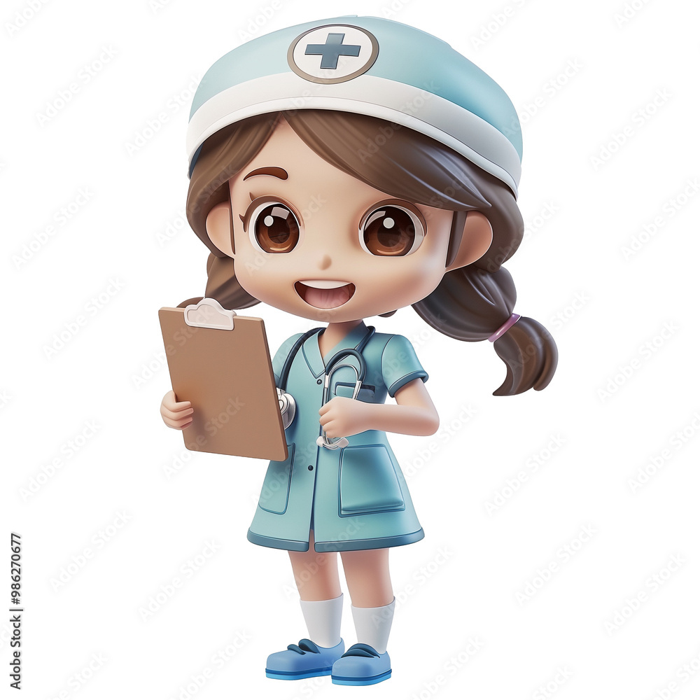 3D rendering illustration chibi style nurse character, wearing a lab coat and stethoscope, full body, smiling and holding a clipboard, transparent background 3D rendering illustration chibi style nurse character, wearing a lab coat and stethoscope, full body, smiling and holding a clipboard, transparent background