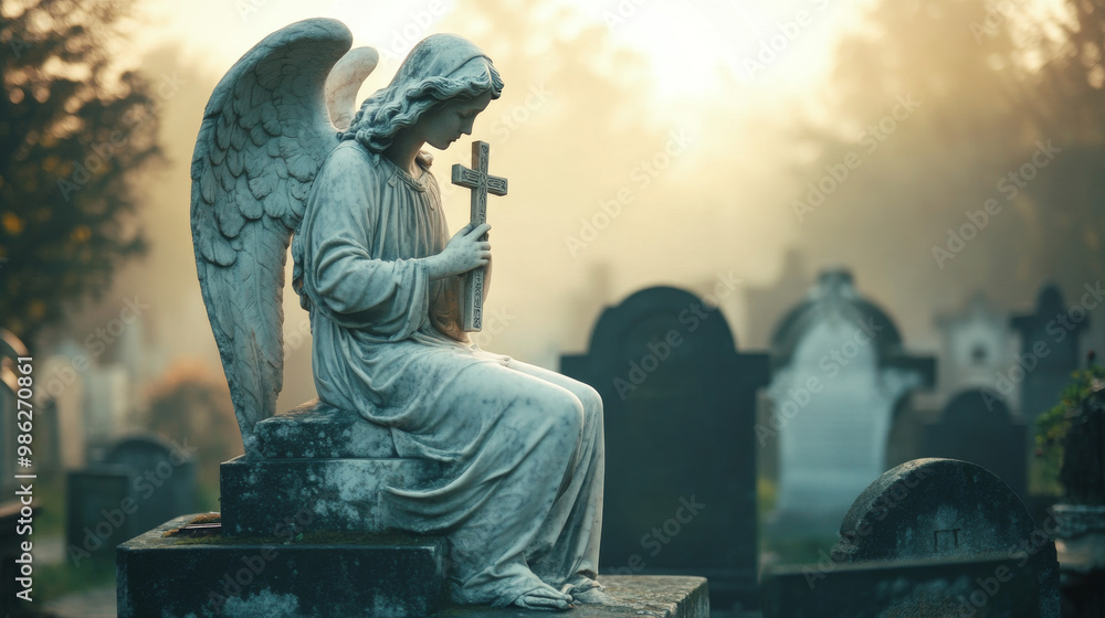 A solemn angel statue holds a cross in a misty cemetery at dawn, symbolizing peace, remembrance, and spirituality amid the gravestones.
A solemn angel statue holds a cross in a misty cemetery at dawn, symbolizing peace, remembrance, and spirituality amid the gravestones.