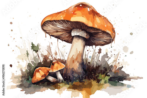 cute watercolor hand drawn mushrooms, colorful aquarelle vector paintings forest poisonous mushroom fly agaric in the grass. vector watercolor vector and illustration  .
