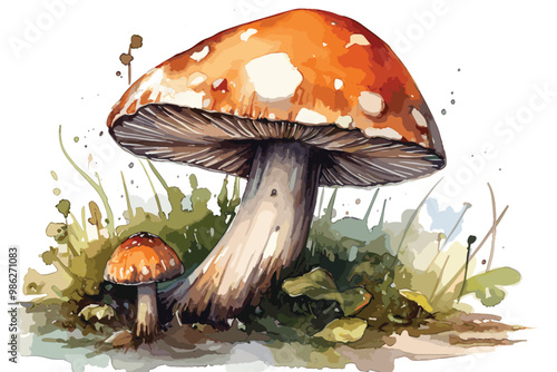 cute watercolor hand drawn mushrooms, colorful aquarelle vector paintings forest poisonous mushroom fly agaric in the grass. vector watercolor vector and illustration  .
